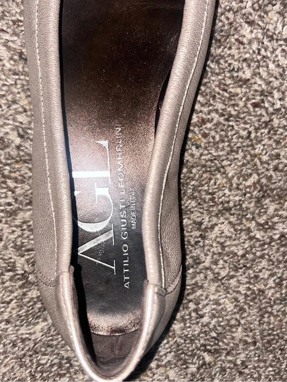 AGL Taupe Leather Flats with Black Patent Cap Toe and Brown Strap Buckle